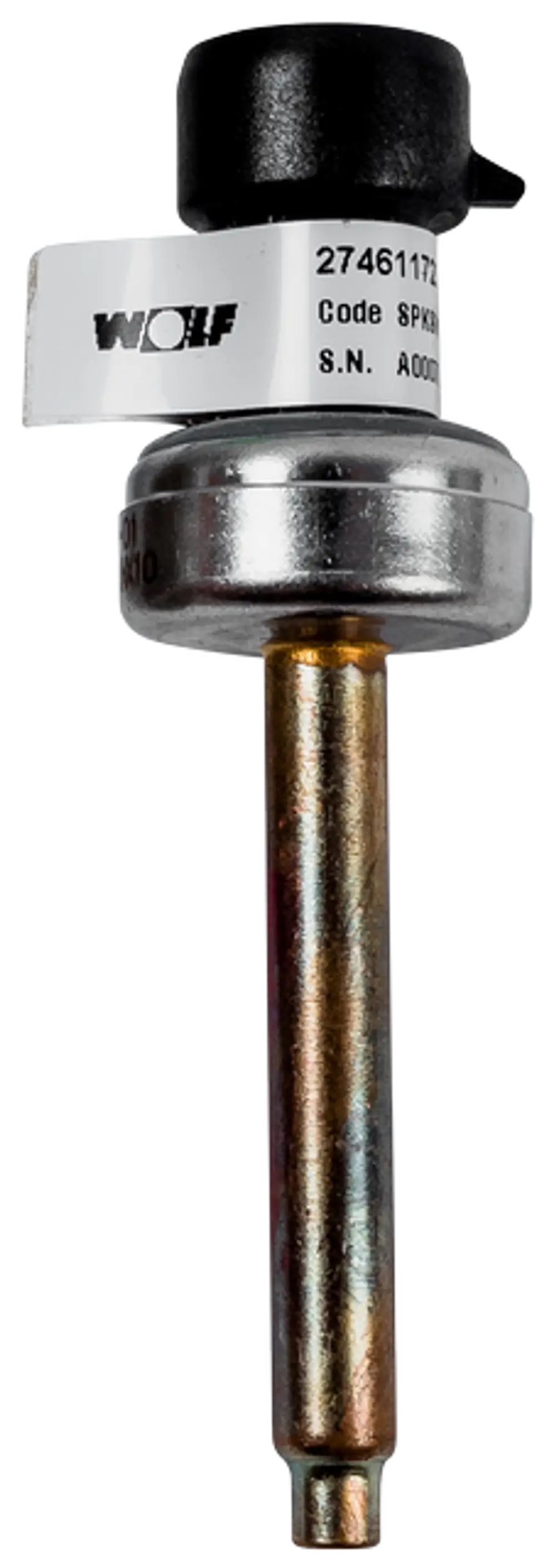 Drucksensor mit schwarzem oberen Teil und metallischem Zylinder. Logo der Marke Wolf sichtbar. Produkt hat einen durchgehenden, zylindrischen Stift.